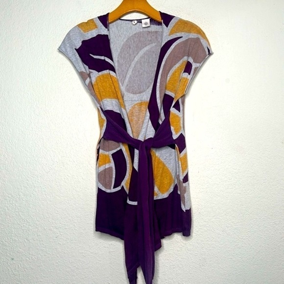 Anthro Moth Wrap Around Sleeveless Cardigan Sweater Lightweight Purple Yellow M - Picture 9 of 15